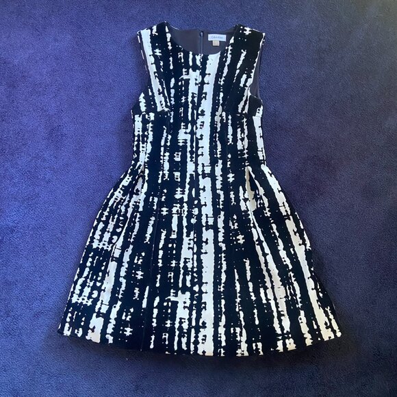 Calvin Klein Like NEW Exquisite White Black Flocked Fit & Flare Dress Size 10 - Picture 2 of 6